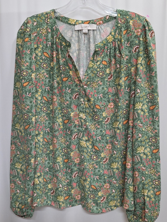 LOFT Tops - LOFT Garden Henley Mixed Media Long Sleeve Peasant Blouse Basil Sage Green Sz M